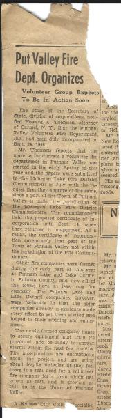 Paper clipping that announces &quot;Put Valley Fire Dept. Organizes&quot;  Volunteer Group expects to be in action soon. PVVFD incorp on Sept 24, 1946.